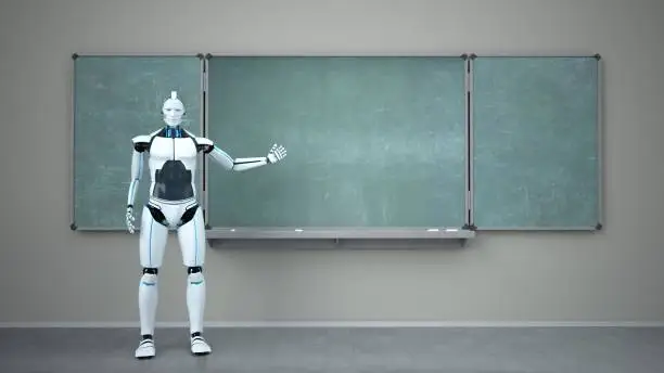 A depiction of a futuristic robot teacher