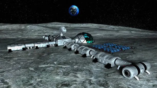 A depiction of a futuristic lunar base